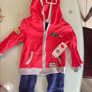 Red and Gray Hooded Jacket with Car Patch